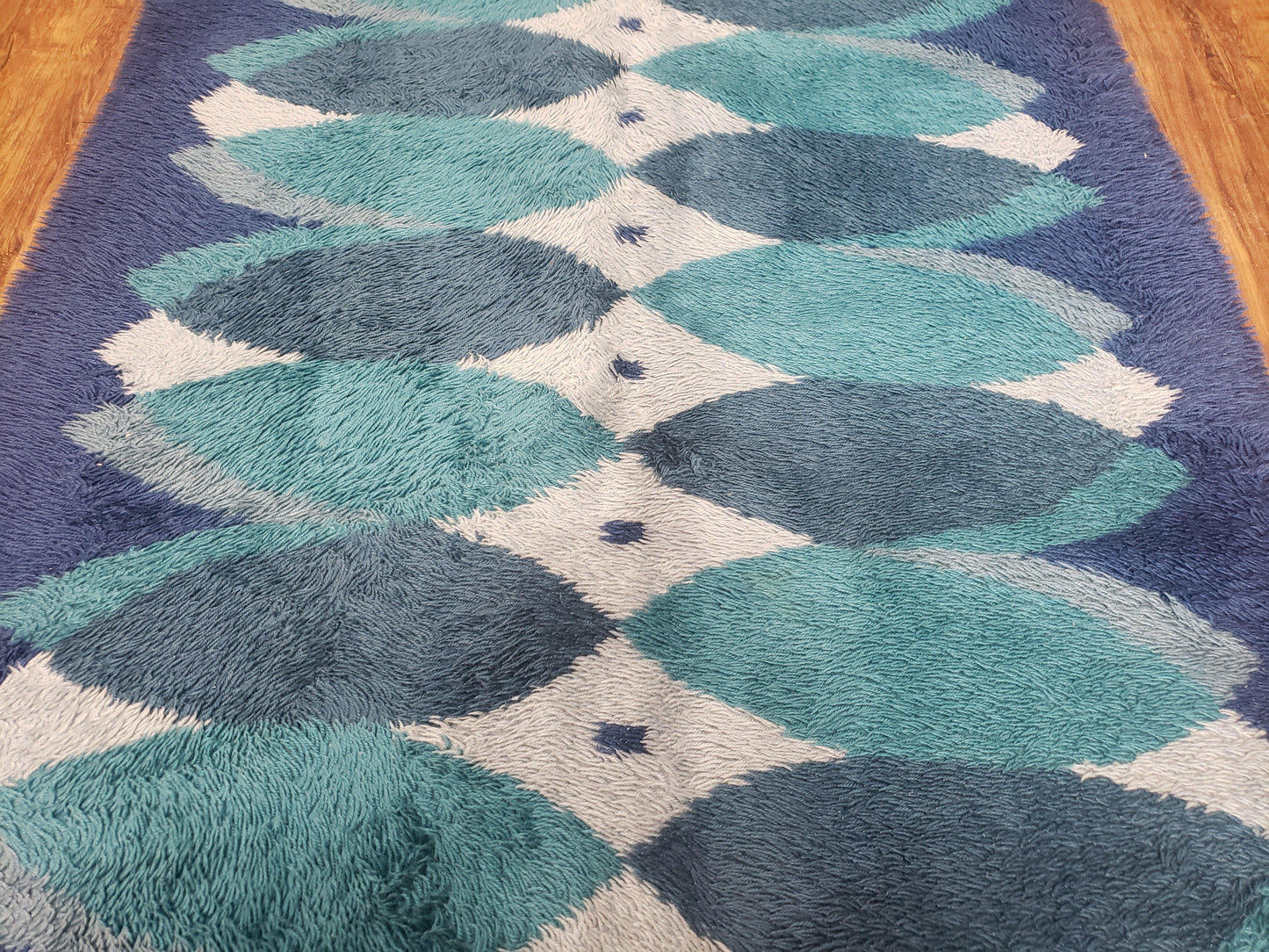 Blue Rya Rug Mid Century Danish Shag Wool Abstract Modern Rug 4 Foot 6 Inch By 6 Foot 7 Inch