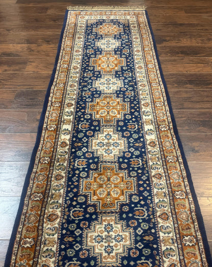 Indo Persian Kashmiri Wool Runner Rug 2.6x12.7 Navy Blue Geometric Medallions Handmade