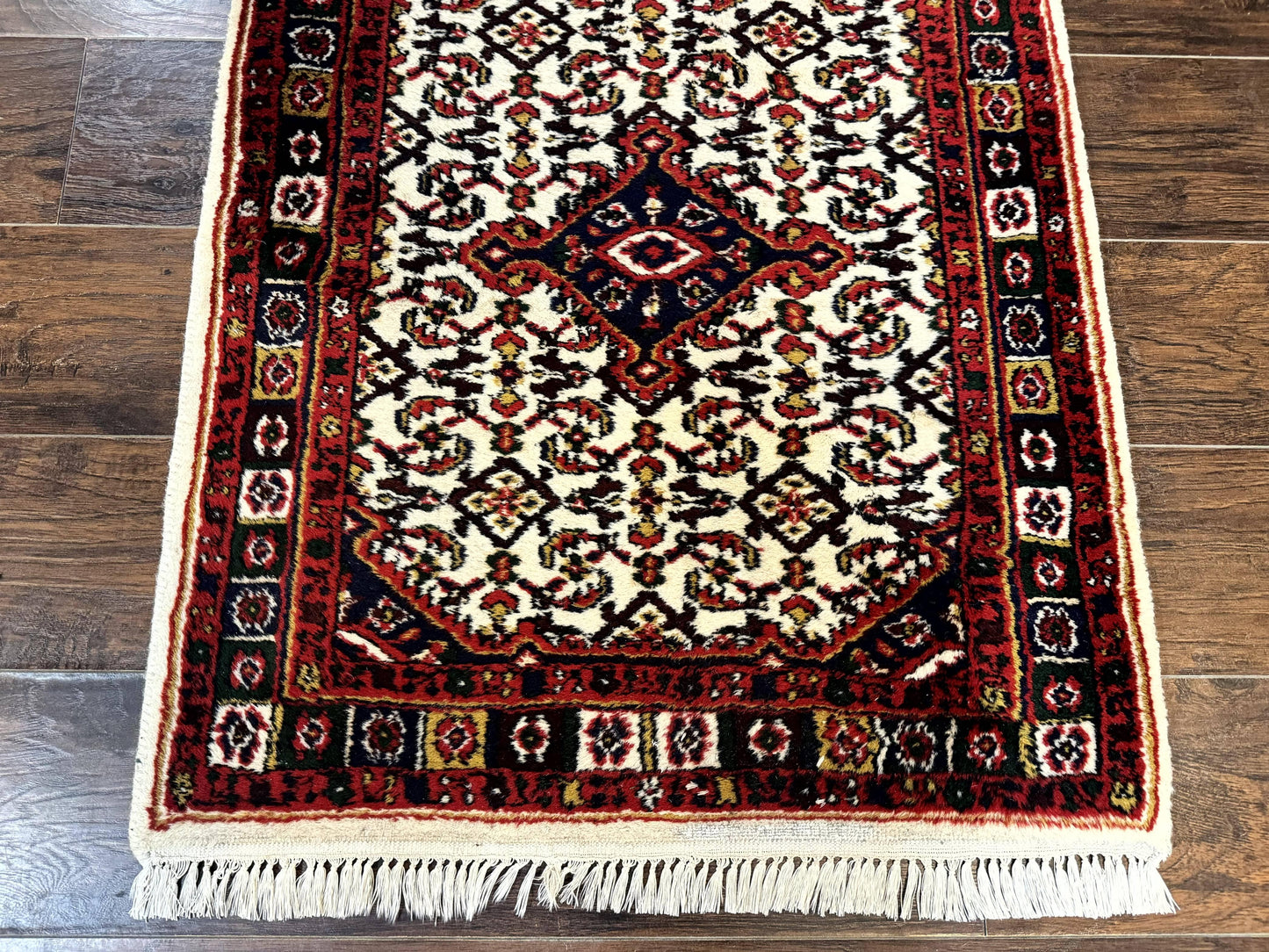Indo Persian Bidjar Runner Rug Classic Wool Handmade Hallway Decor Ivory And Red Medallions