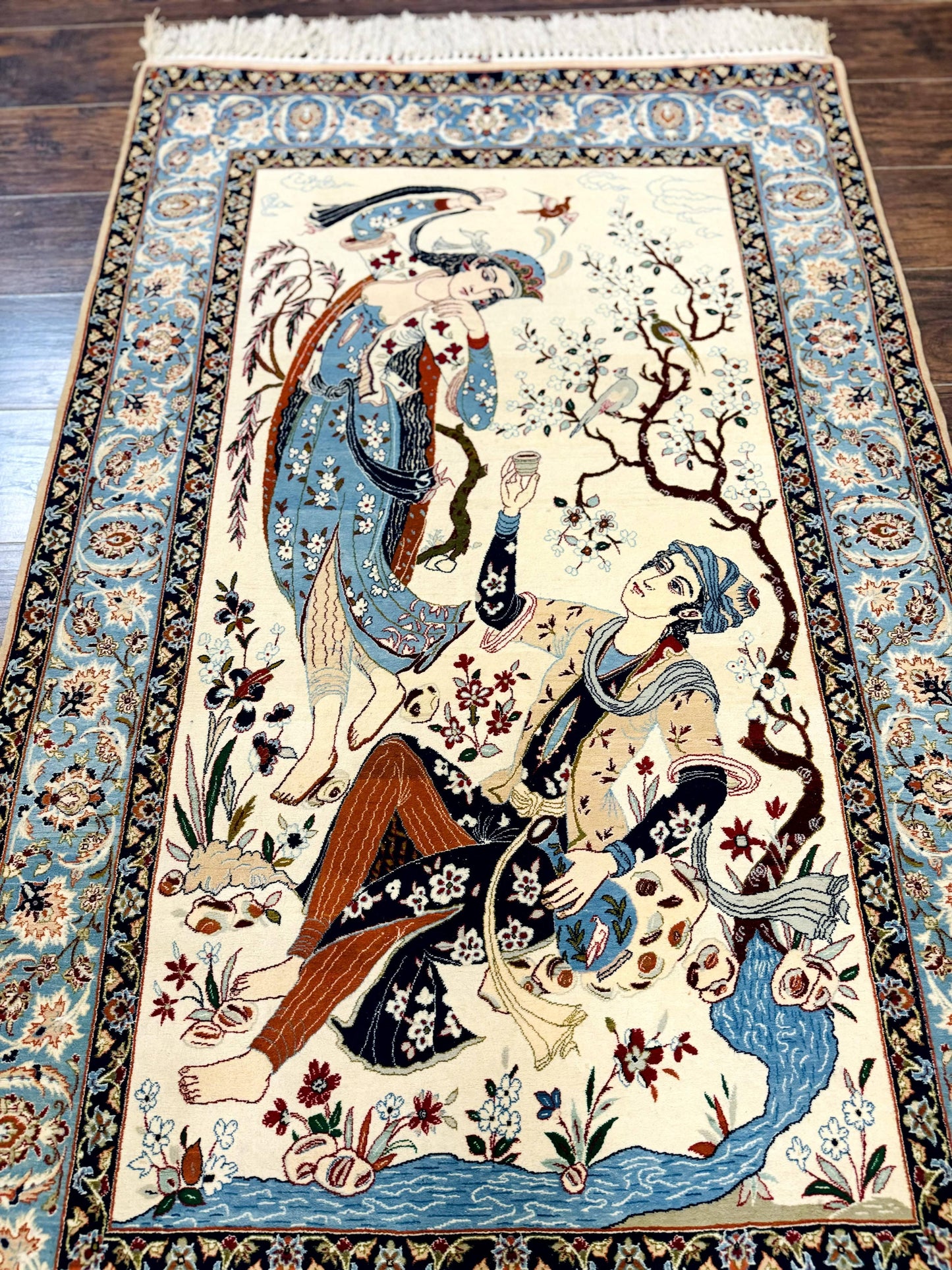 Persian Isfahan Pictorial Rug Two Lovers Kork Wool On Silk Foundation Ivory And Light Blue 500 KPSI Super Fine