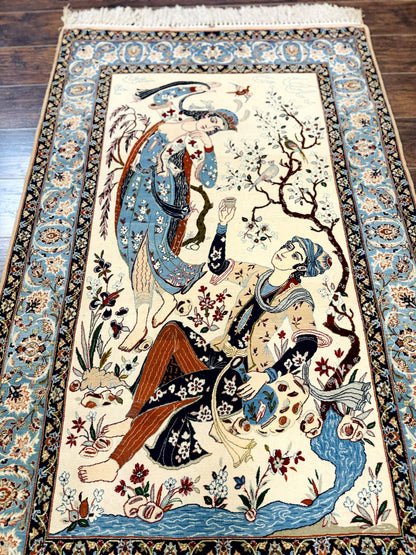 Persian Isfahan Pictorial Rug Two Lovers Kork Wool On Silk Foundation Ivory And Light Blue 500 KPSI Super Fine