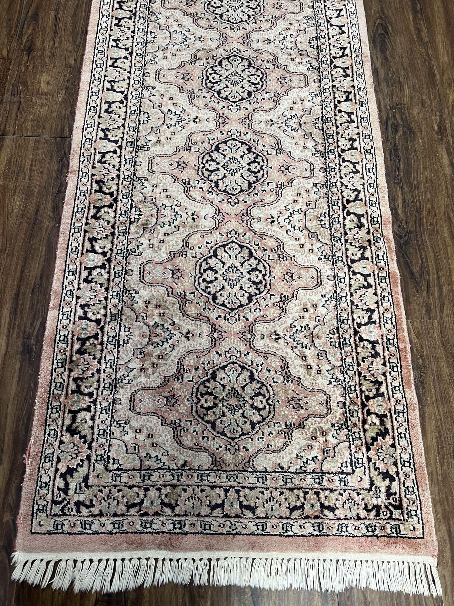 Silk Kashmiri Runner Hand Knotted Vintage Hallway Carpet Ivory Pink Medallion