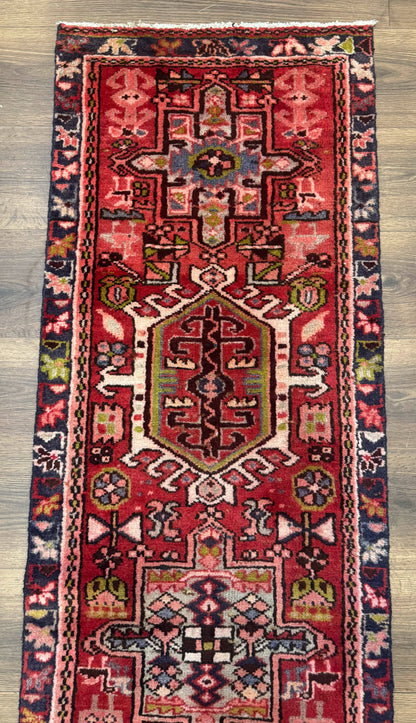 Persian Heriz Karajeh Runner Rug 2x9 With Bold Geometric Medallions In Red Navy