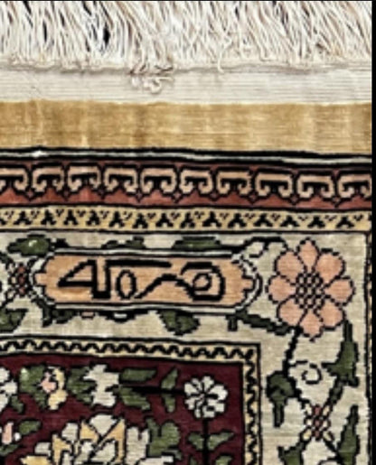 Hereke Silk Prayer Rug Tree of Life Handmade in Gold Burgundy