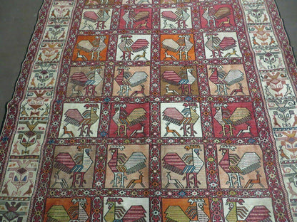 Vintage Russian Kilim Rug Handmade Flat Weave Soumak Silk Wool 4x6 Roosters Birds