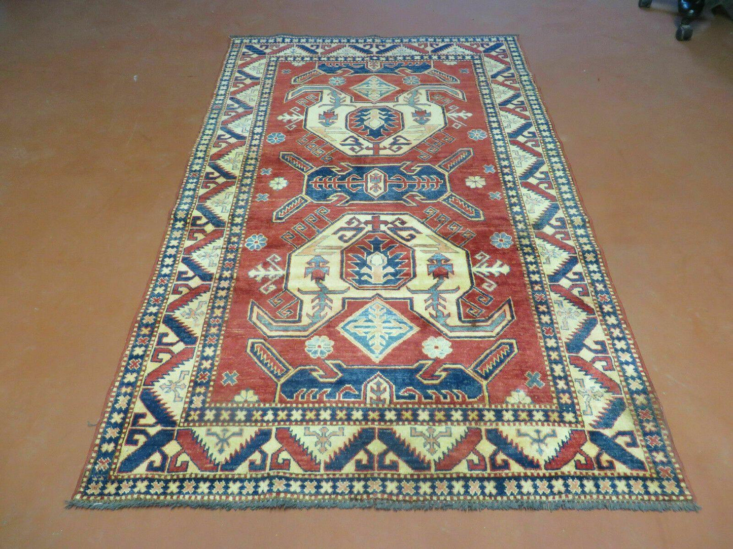 Vintage Turkish Kazak Wool Rug Handmade 4x6 Pattern Carpet Natural Dyes