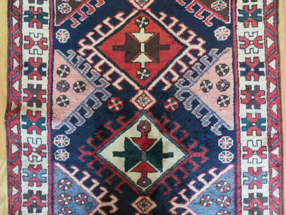 Persian Runner Rug 3.5 x 10.7 Navy Blue Karajeh Heriz Wool Geometric Medallions