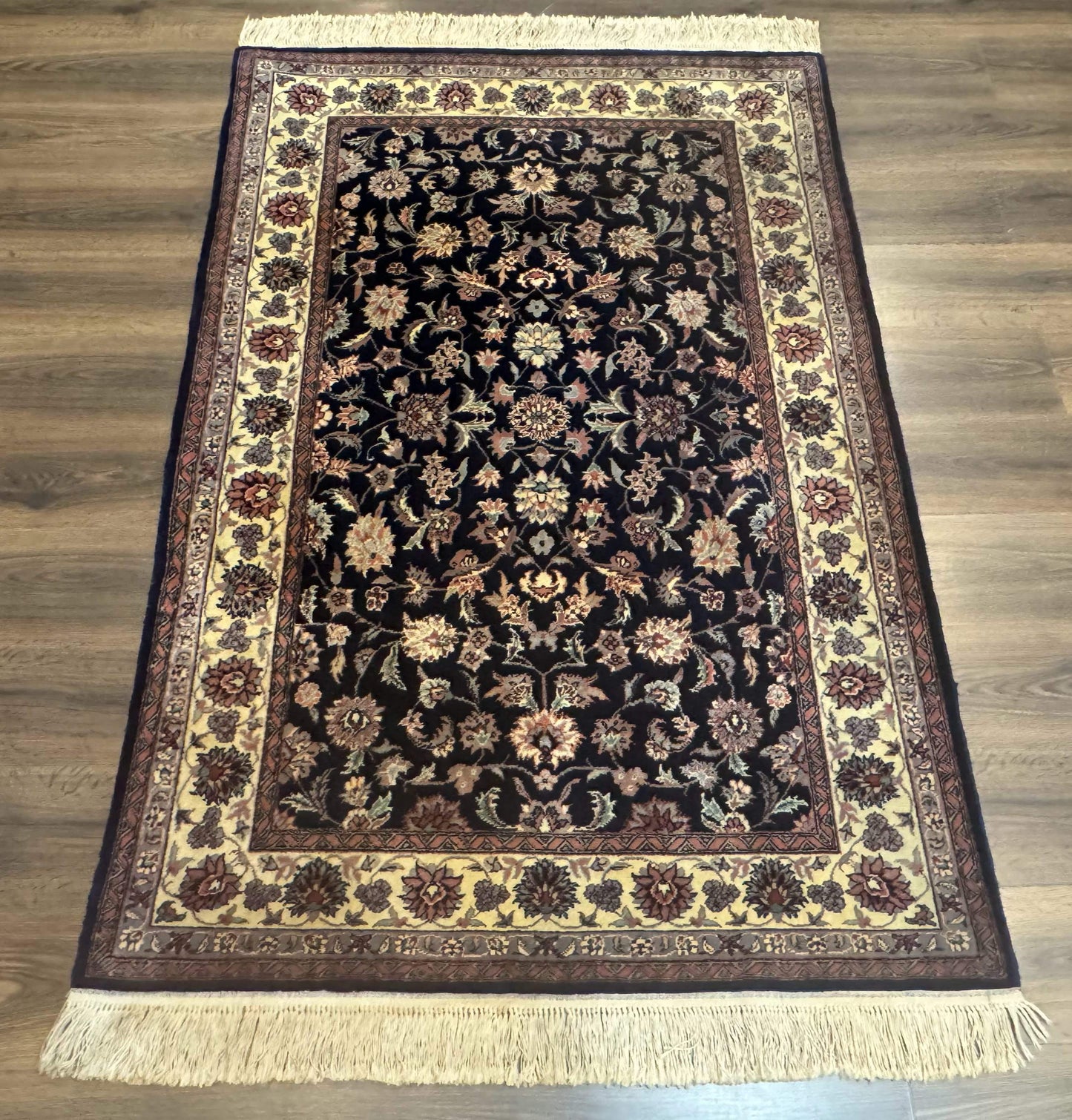 Sino Persian Rug 4x6 Navy Blue Cream Floral Oriental Carpet Handmade Wool