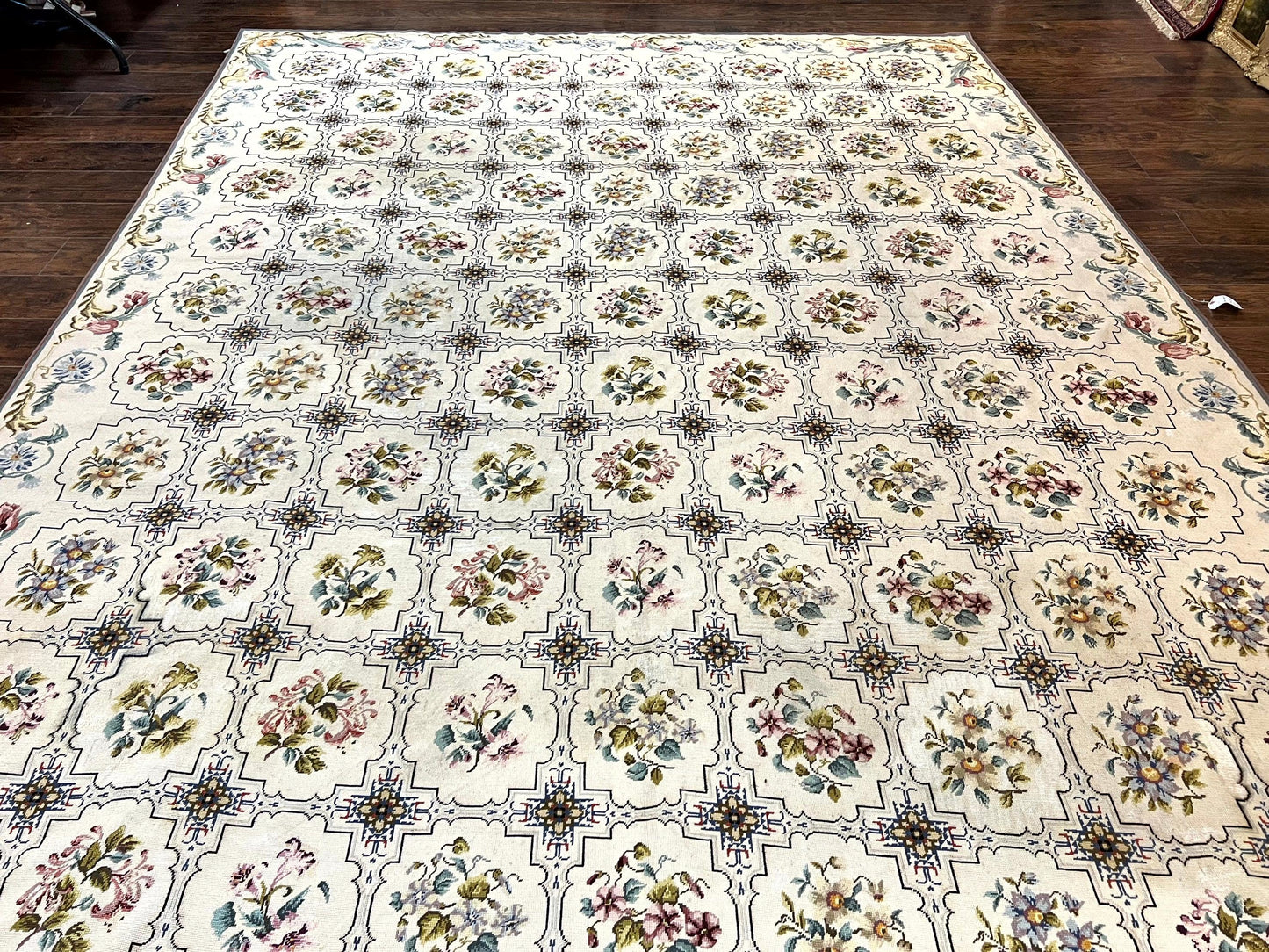 Needlepoint Rug 10x14 Wool Handmade Vintage Floral Panel Ivory Cream
