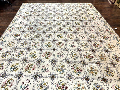 Needlepoint Rug 10x14 Wool Handmade Vintage Floral Panel Ivory Cream