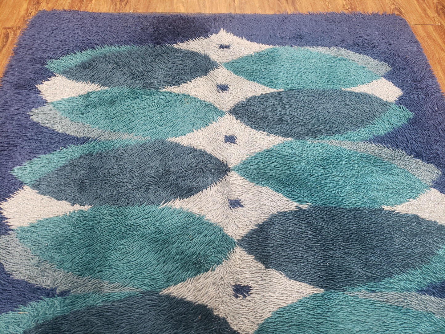 Blue Rya Rug Mid Century Danish Shag Wool Abstract Modern Rug 4 Foot 6 Inch By 6 Foot 7 Inch
