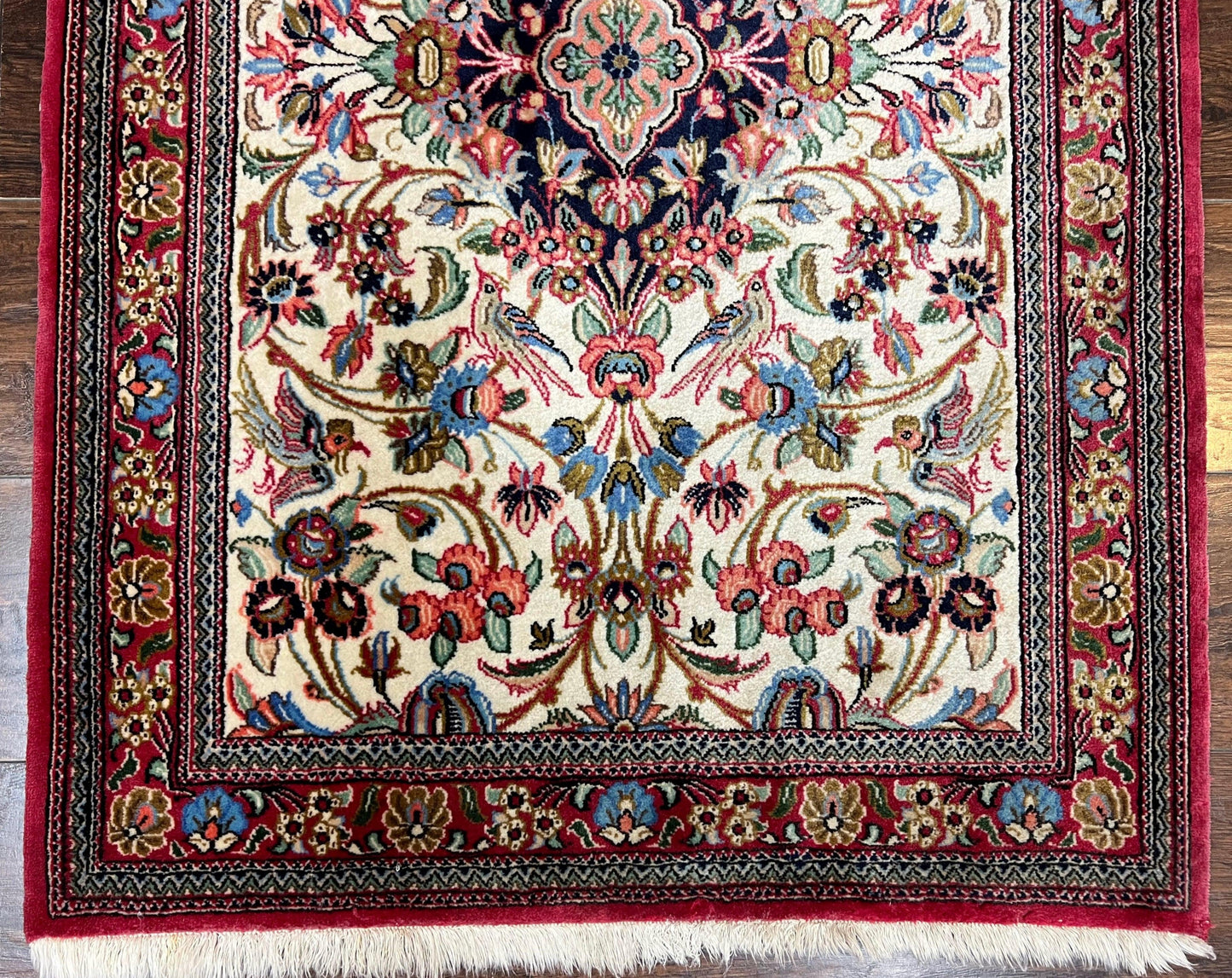 Persian Qum Runner Rug 2.8 x 10 Feet Hand Knotted Wool Floral Medallions With Birds
