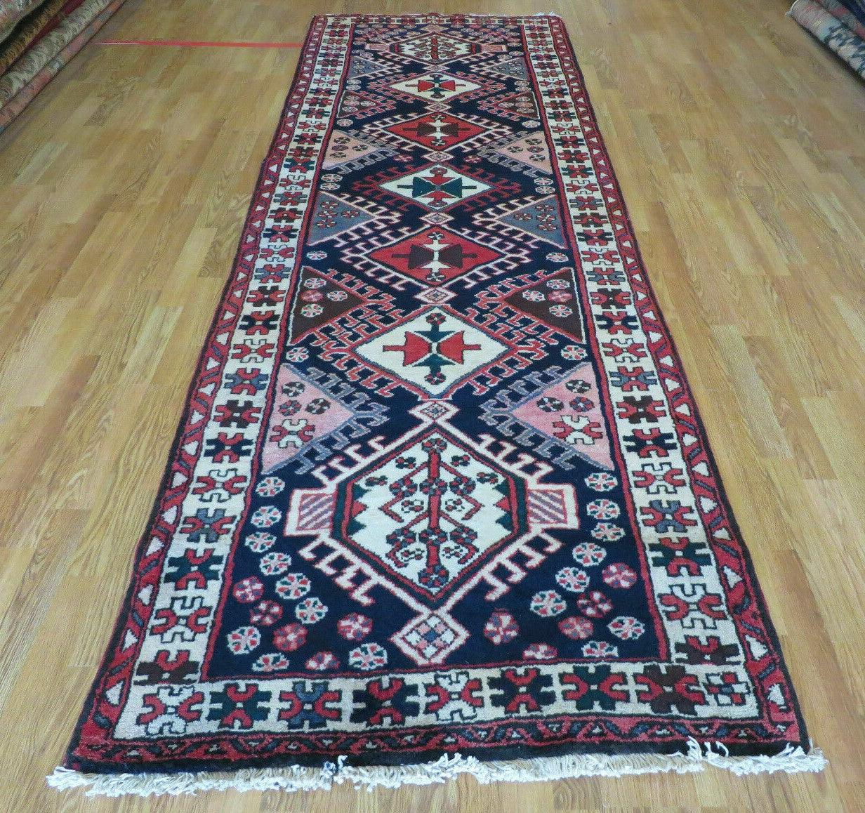 Persian Runner Rug 3.5 x 10.7 Navy Blue Karajeh Heriz Wool Geometric Medallions