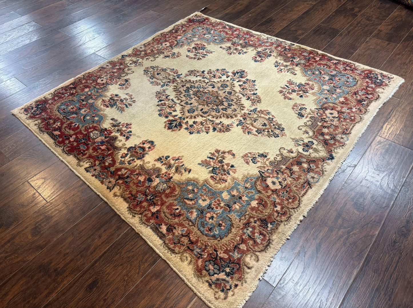 Persian Kerman Rug Square 5.5 by 5.5 Ft Beige Cream and Light Blue