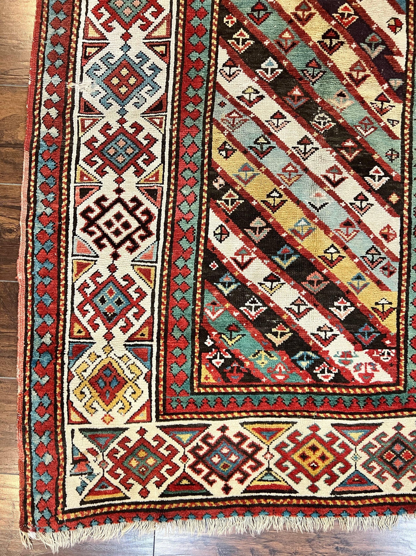 Caucasian Kazak Runner Rug Hand Knotted Wool Antique 1880s Ivory And Multicolor Striped Hallway Rug