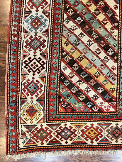Caucasian Kazak Runner Rug Hand Knotted Wool Antique 1880s Ivory And Multicolor Striped Hallway Rug