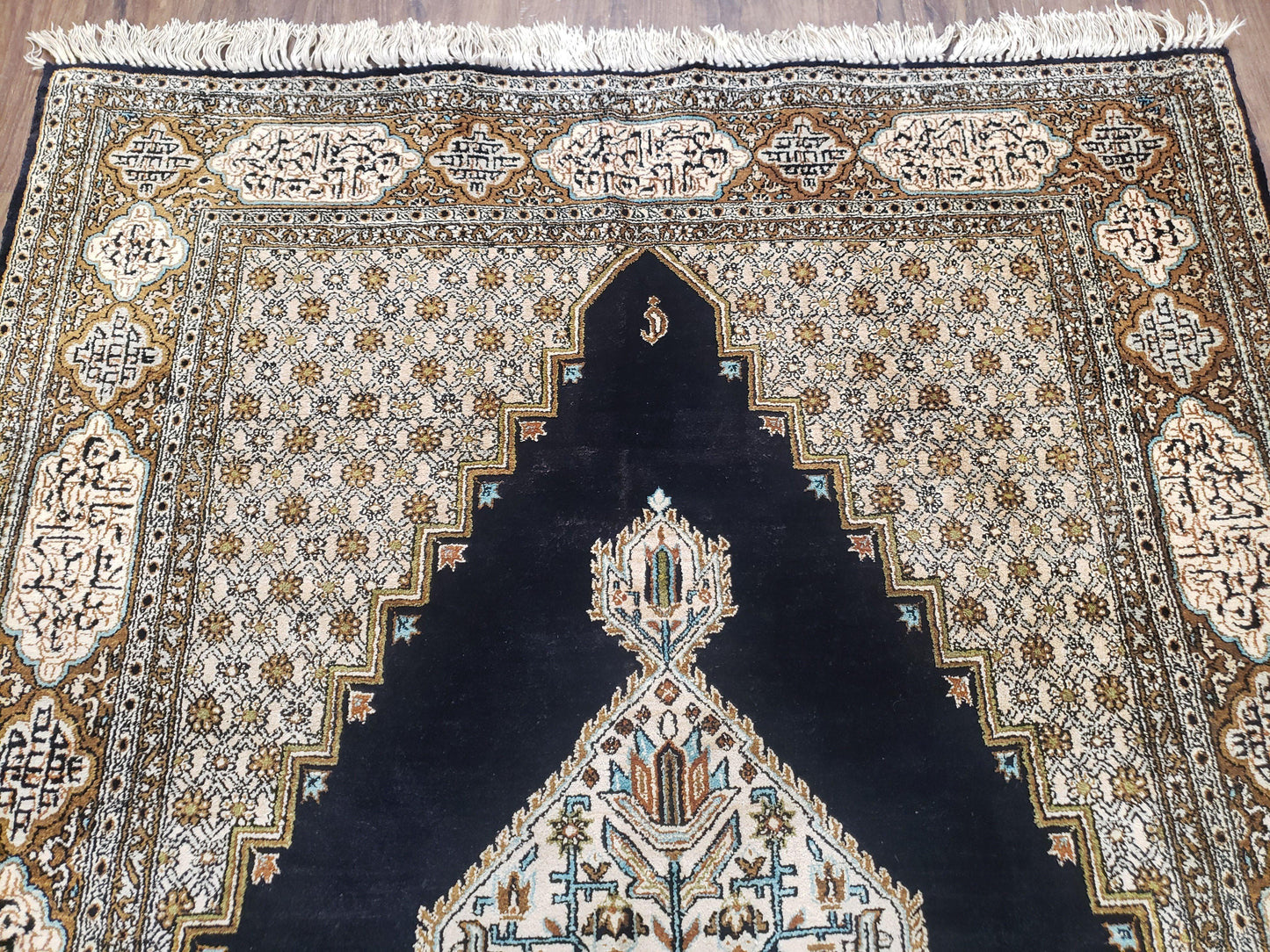 Persian Silk Qum Rug Hand Knotted Silk On Silk Luxury Vintage Area Rug Black Gold Beige 3 Ft 6 In By 5 Ft 5 In