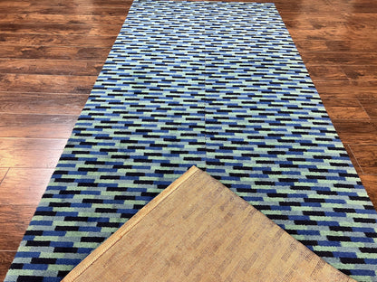 Wool Runner Rug Blue Multicolor Mosaic Design 4.7 x 12 Contemporary Power Loomed