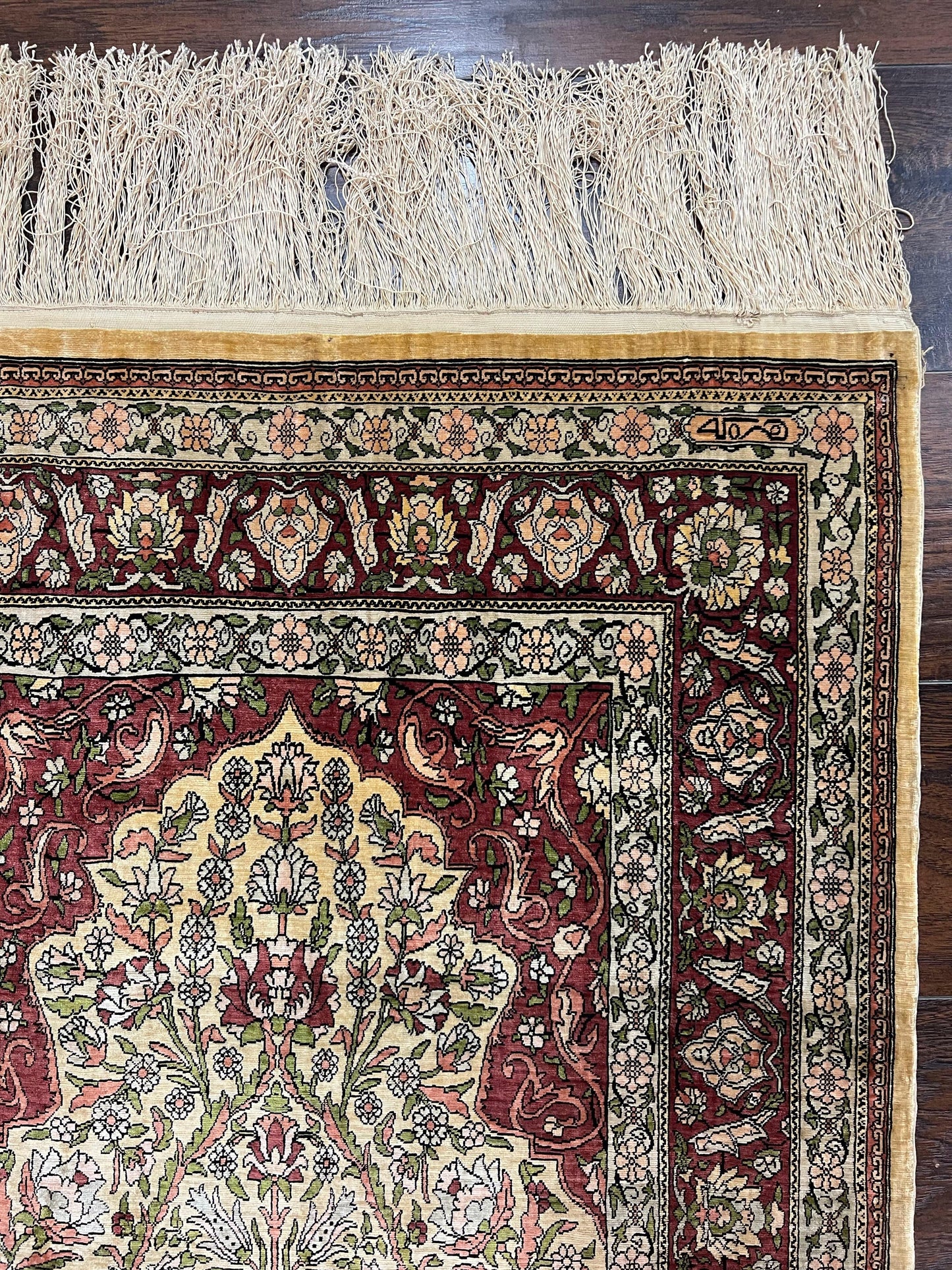Hereke Silk Prayer Rug Tree of Life Handmade in Gold Burgundy