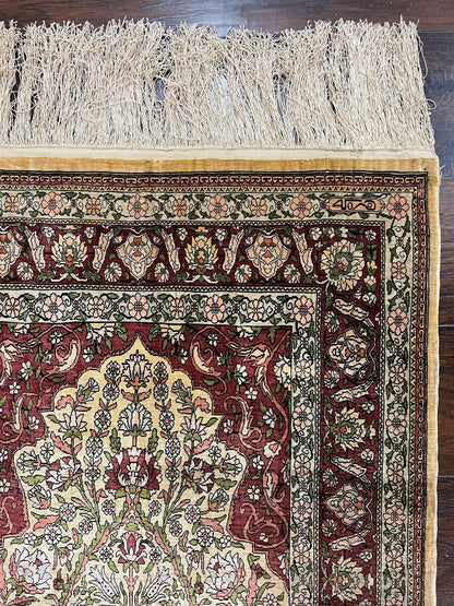 Hereke Silk Prayer Rug Tree of Life Handmade in Gold Burgundy