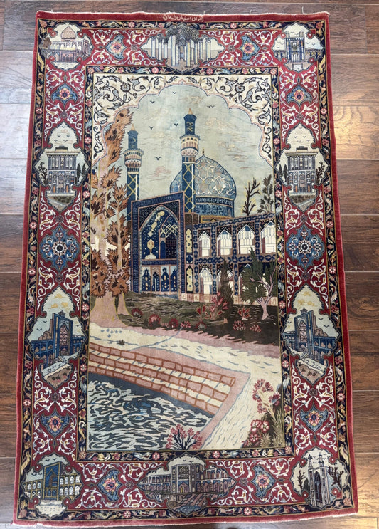 Persian Isfahan Pictorial Rug Hand Knotted 3.6x5.7 Wool Silk Highlights Signed By Masterweaver Handmade