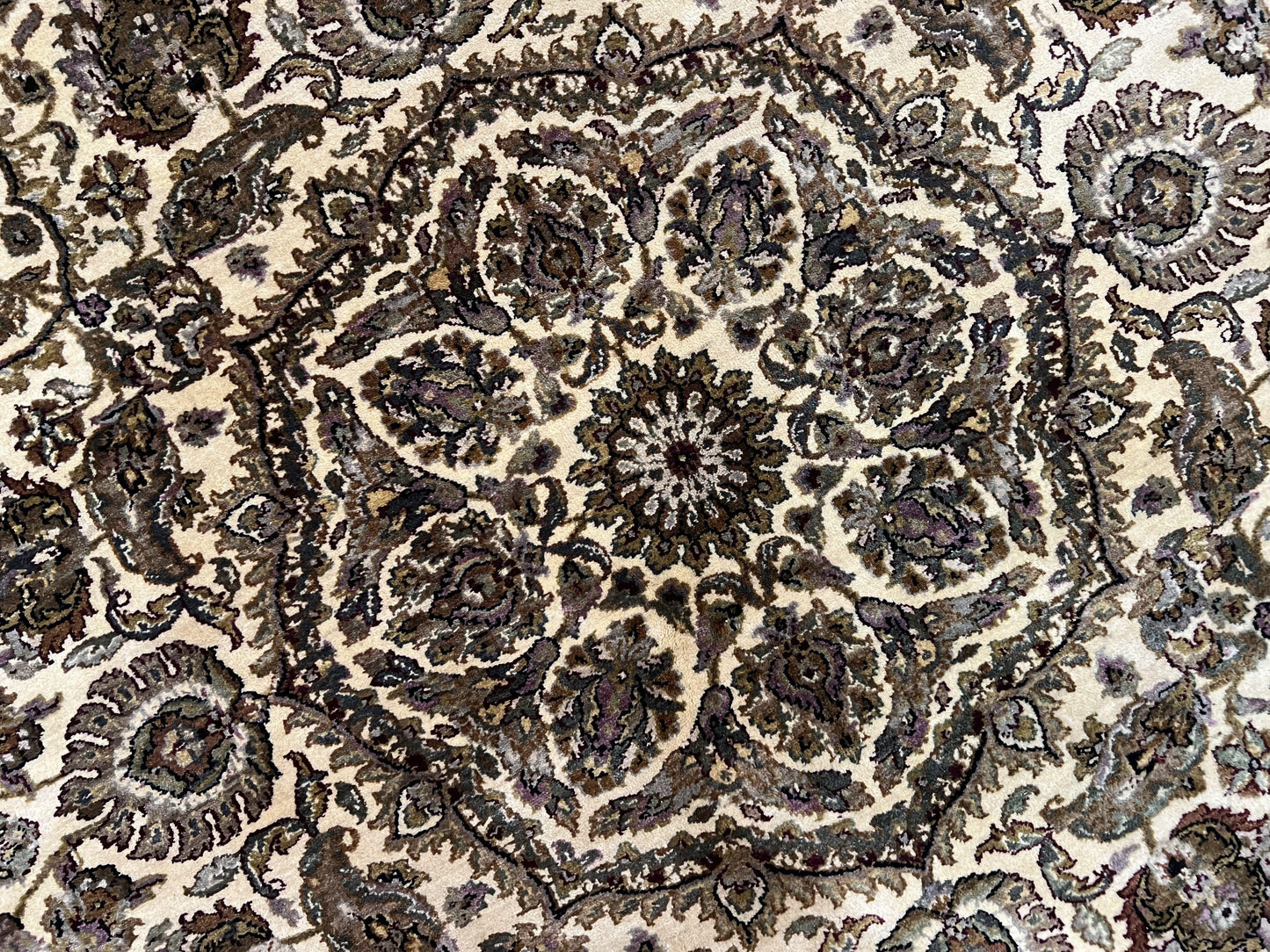 Round Indo Persian Rug 8 by 8 ft Hand Knotted Vintage Wool Circular Carpet Floral Medallion Cream and Green