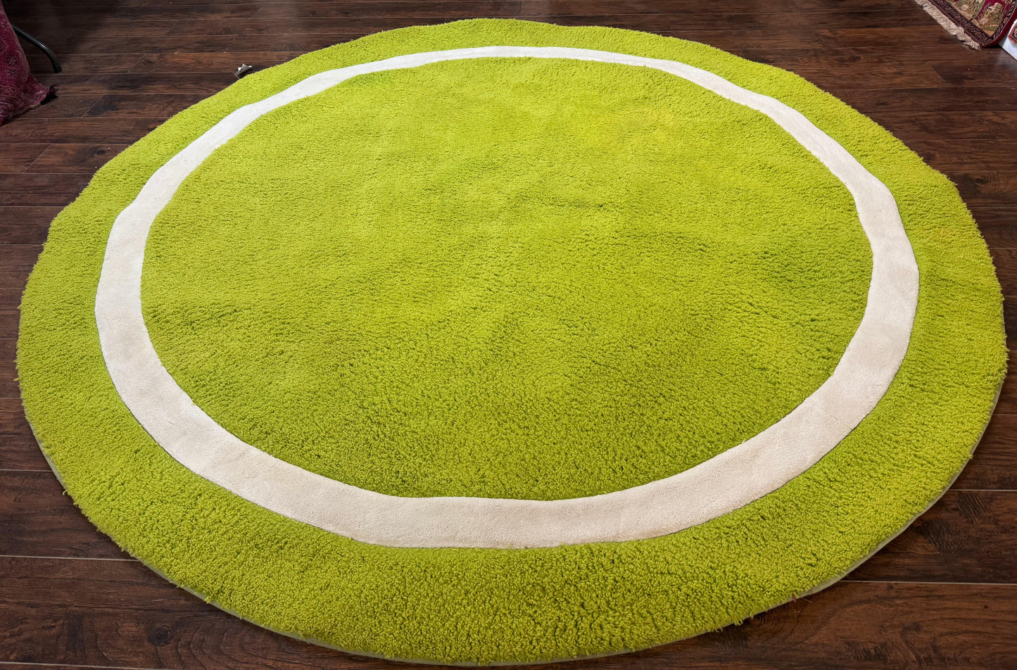 Vintage Lime Green Round Wool Rug 9x9 Hand Tufted Open Field