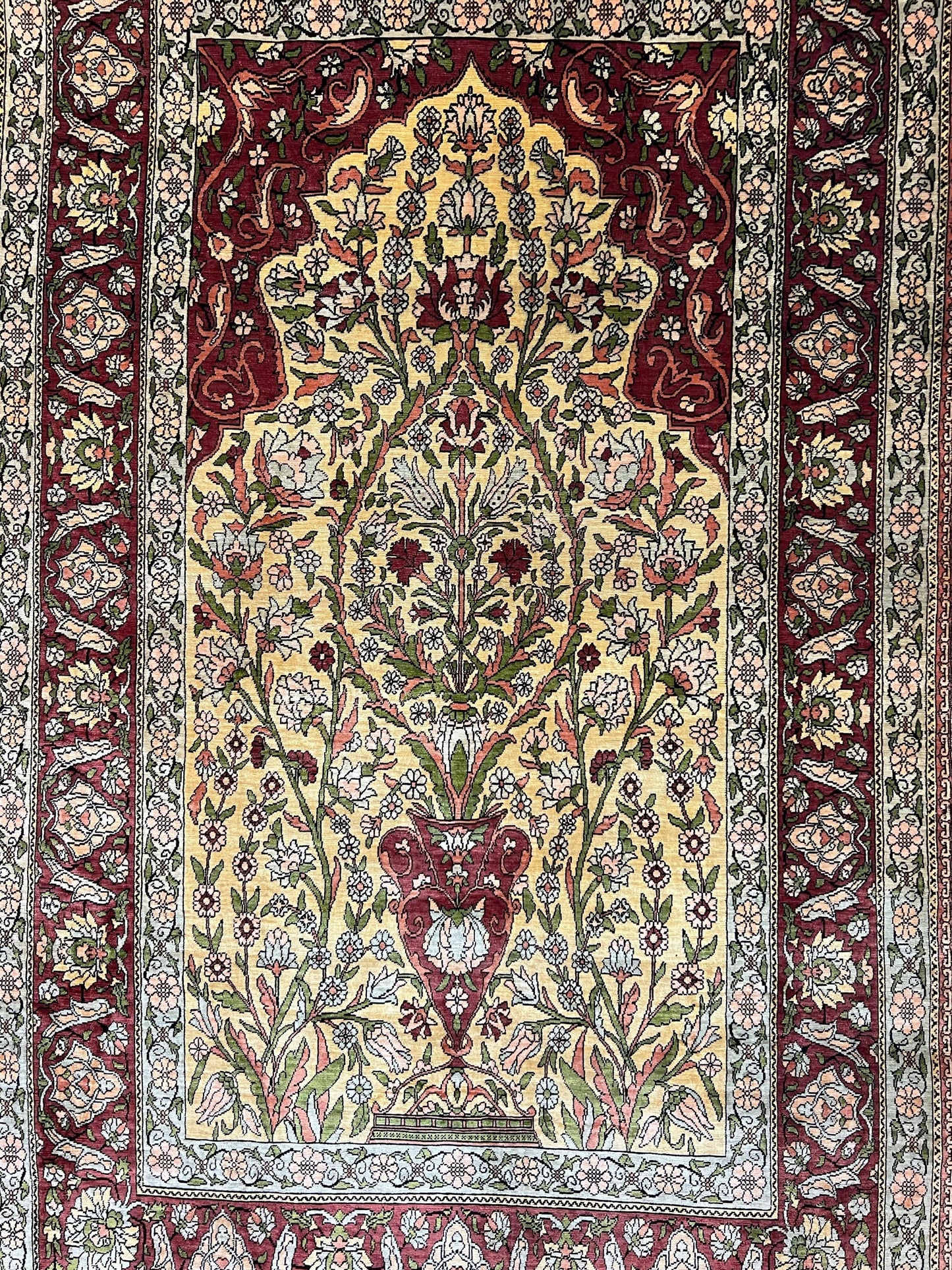 Hereke Silk Prayer Rug Tree of Life Handmade in Gold Burgundy