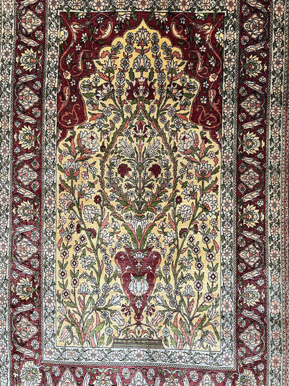 Hereke Silk Prayer Rug Tree of Life Handmade in Gold Burgundy