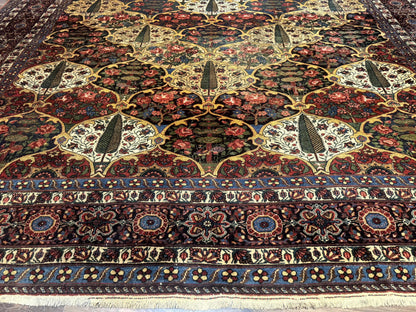 Persian Bakhtiari Rug Antique 12x19 Hand Knotted Wool Panel Design Peacocks Multicolor