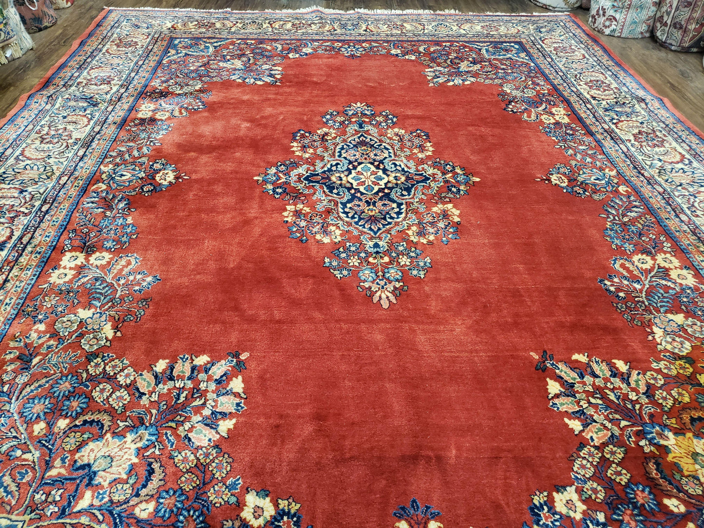 Semi Antique Persian Sarouk Rug 9x12 Hand Knotted Wool With Central Medallion Tomato Red