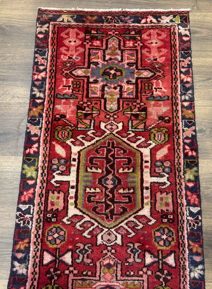 Persian Heriz Karajeh Runner Rug 2x9 With Bold Geometric Medallions In Red Navy