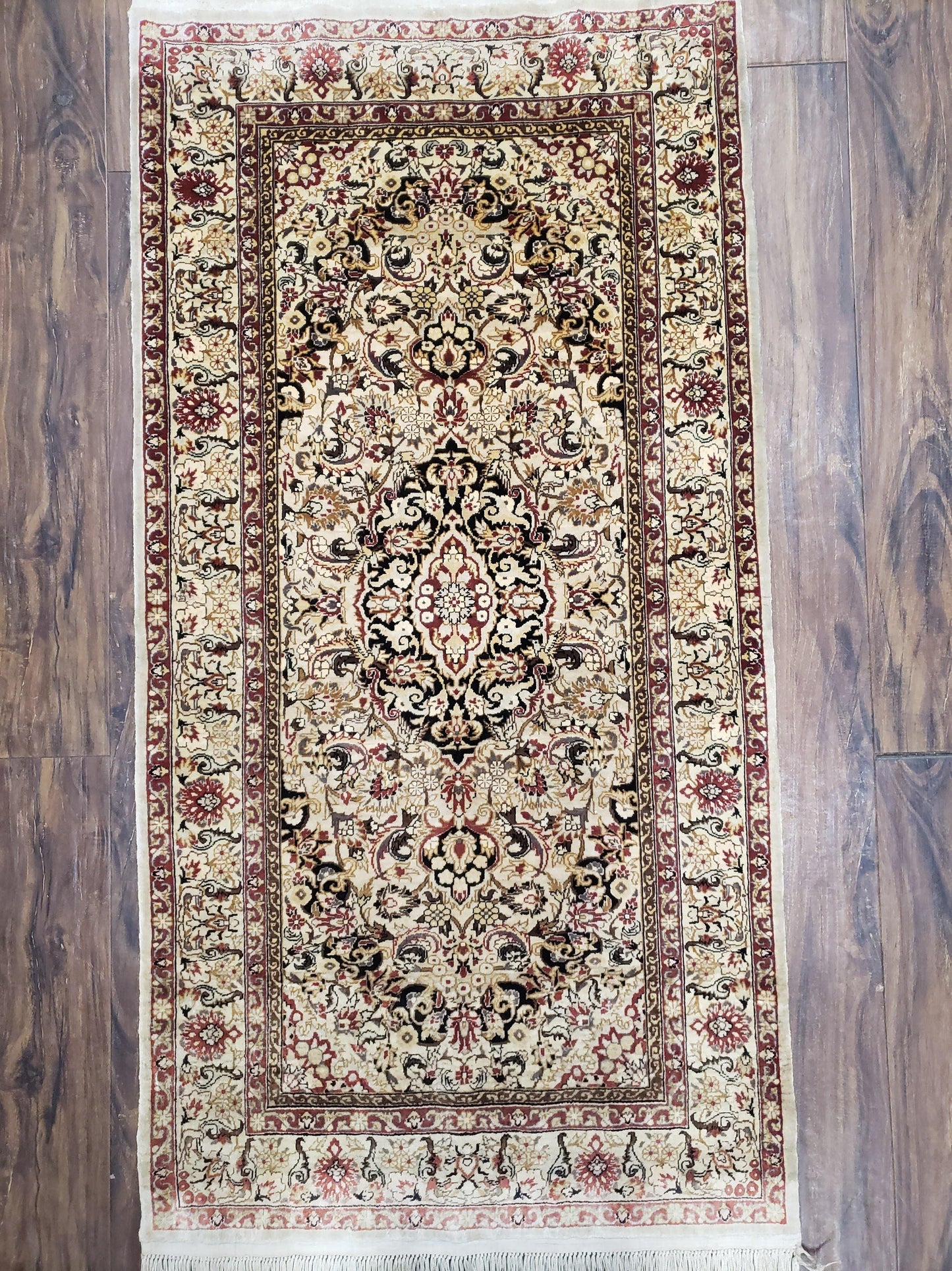 Hand Knotted Silk Oriental Rug 1 Foot 7 Inch By 3 Foot Floral Medallion Vintage Cream Beige