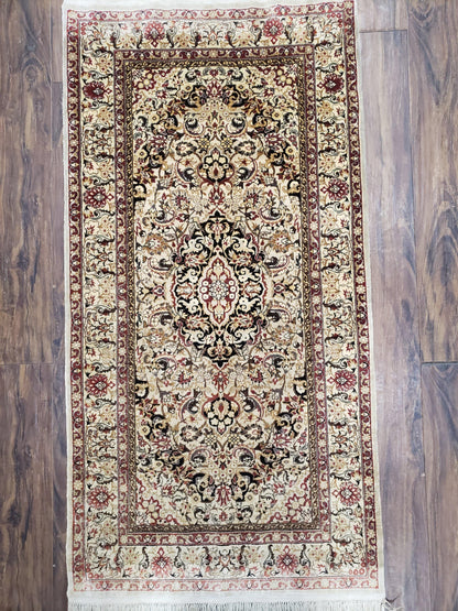 Hand Knotted Silk Oriental Rug 1 Foot 7 Inch By 3 Foot Floral Medallion Vintage Cream Beige