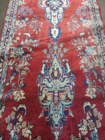 Persian Runner Rug 3x12 Vintage Wool Oriental Floral Red And Navy