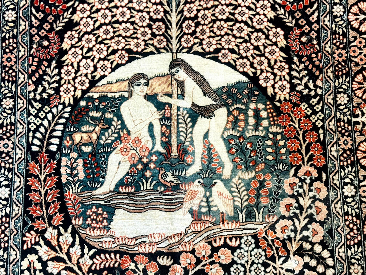 Sino Persian Pictorial Rug Garden Of Eden Adam And Eve Tree Of Life Design Silk Hand Knotted 580 KPSI Masterpiece 2.7x4