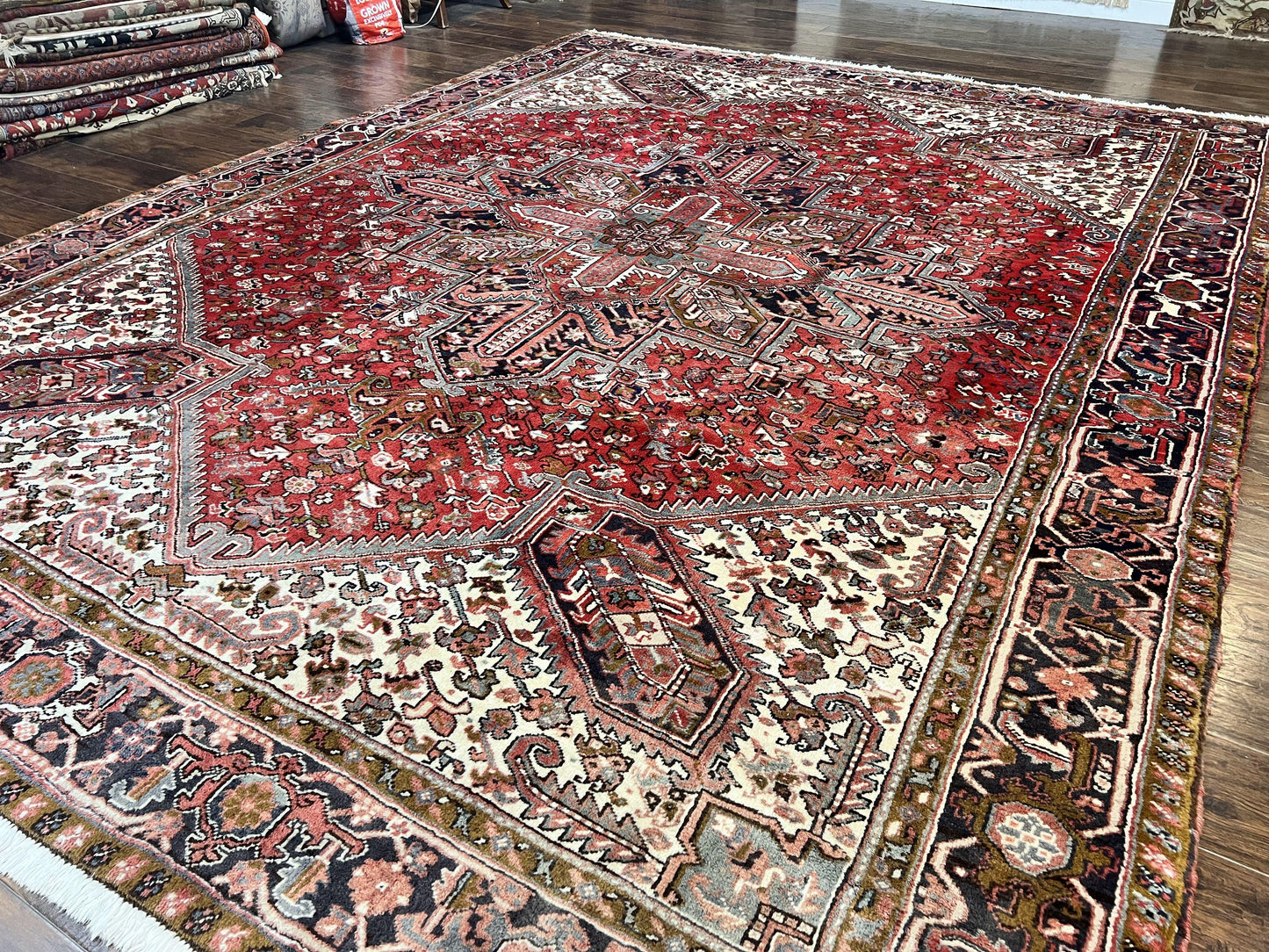 Persian Heriz Rug 10x13 Wool Hand Knotted Antique Carpet Red Ivory Geometric Tribal