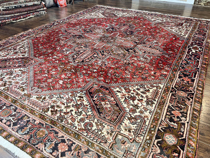 Persian Heriz Rug 10x13 Wool Hand Knotted Antique Carpet Red Ivory Geometric Tribal