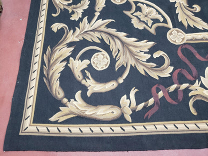 Black And Tan Aubusson Rug 10x14 Handmade Wool Flatweave Decor