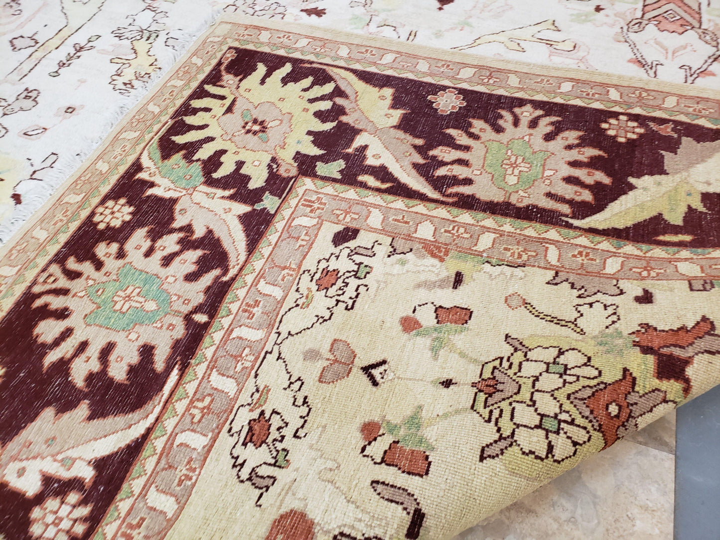 Peshawar Rug Hand Knotted Handmade Wool Oushak Style 10x15 Beige and Maroon Living Room Rug