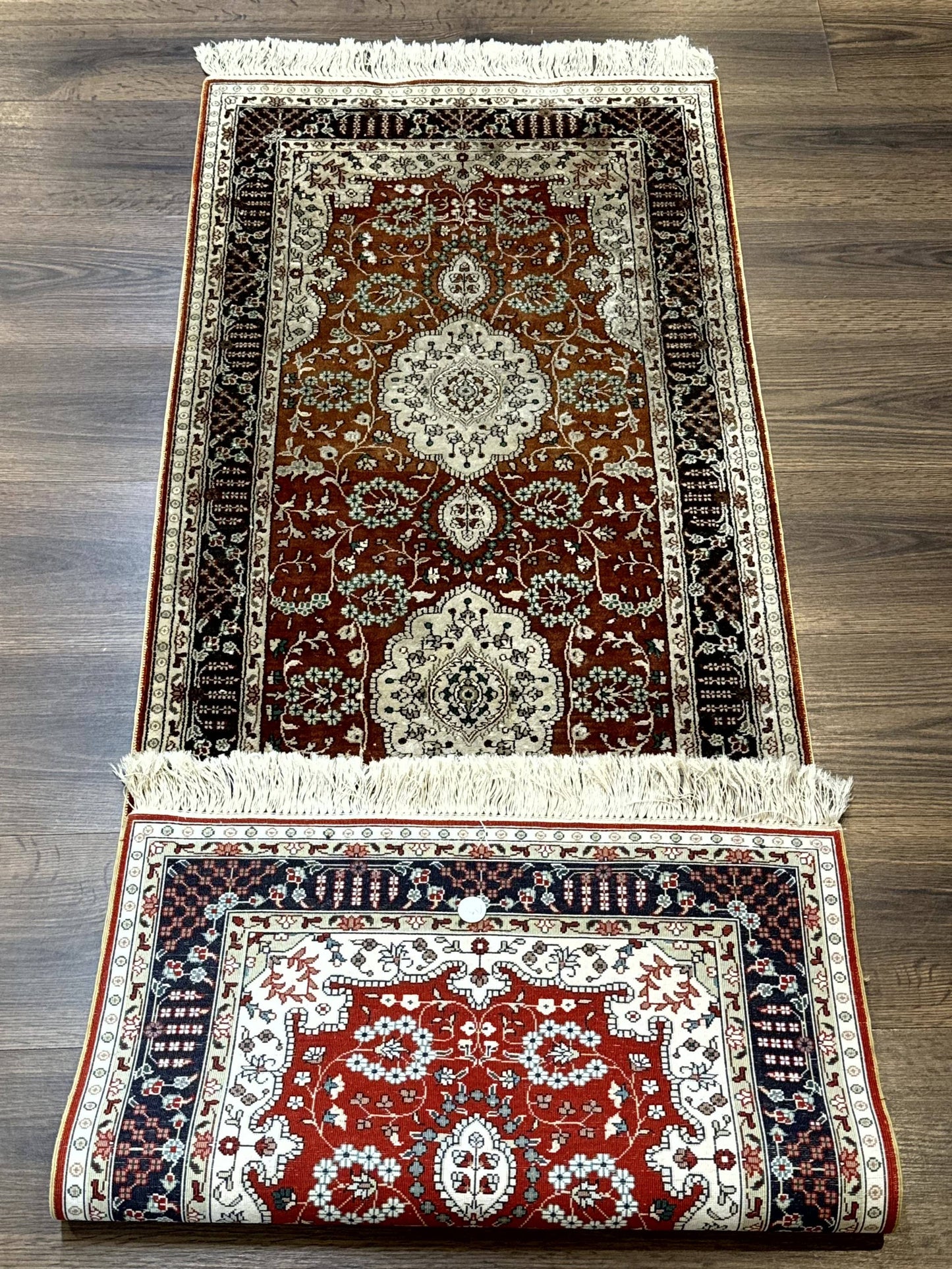 Turkish Silk Narrow Runner Rug 2 By 5.8 Handmade Floral Medallions Red