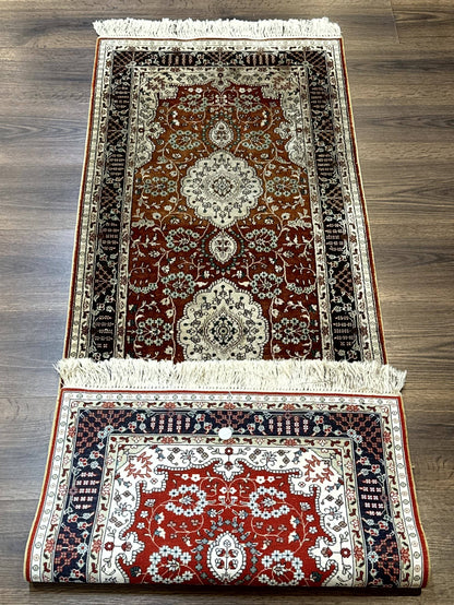 Turkish Silk Narrow Runner Rug 2 By 5.8 Handmade Floral Medallions Red