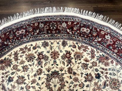 Sino Persian Round Rug 8x8 Wool And Silk Floral Medallion Ivory Red