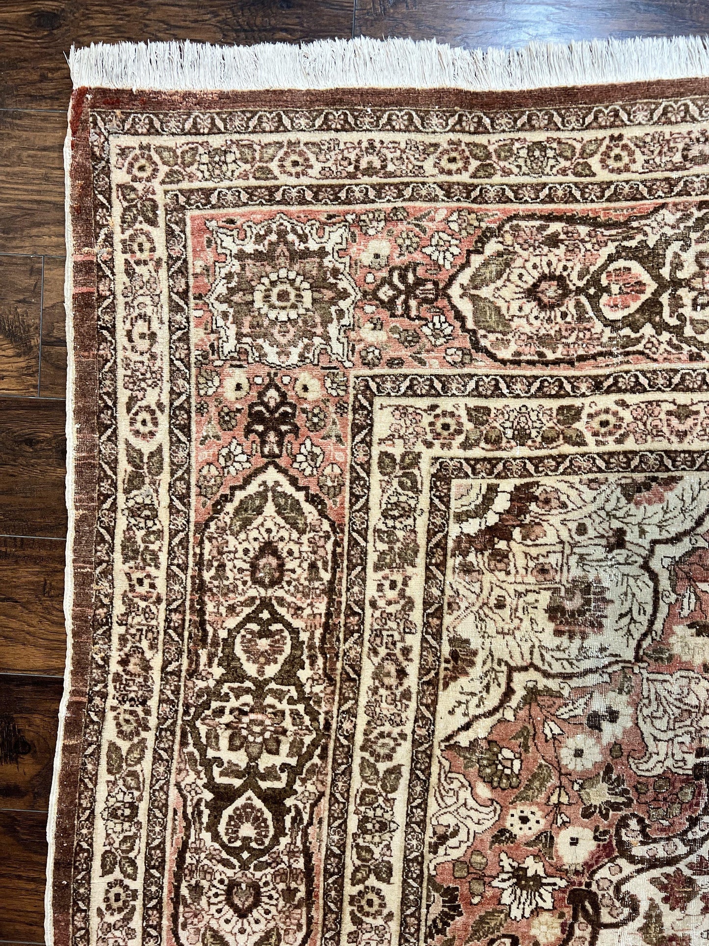 Antique Persian Tabriz Rug 10x12 Hand Knotted Wool Carpet Floral Medallion Beige and Light Red