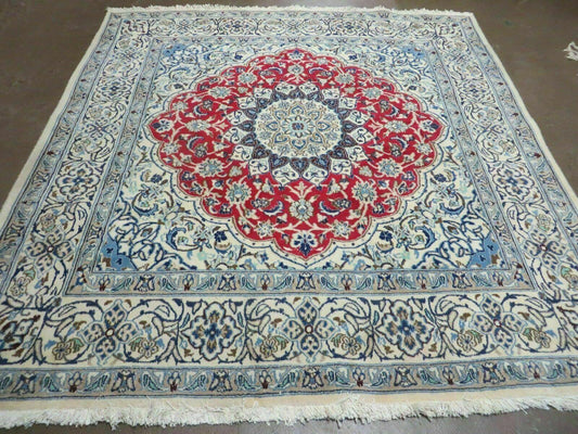 Square Persian Nain Rug 6ft 3in By 6ft 8in Hand Knotted Wool Silk Accents Ivory Red Blue