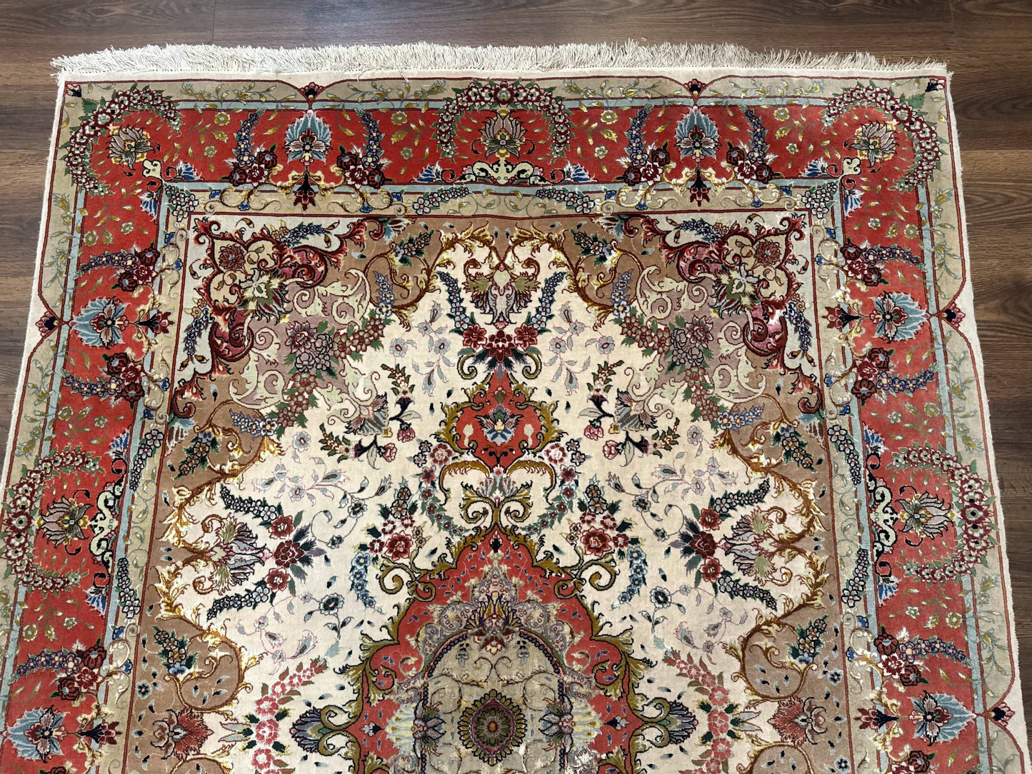 Persian Tabriz Rug 5x7 Ivory and Coral Medallion Fine 440 KPSI