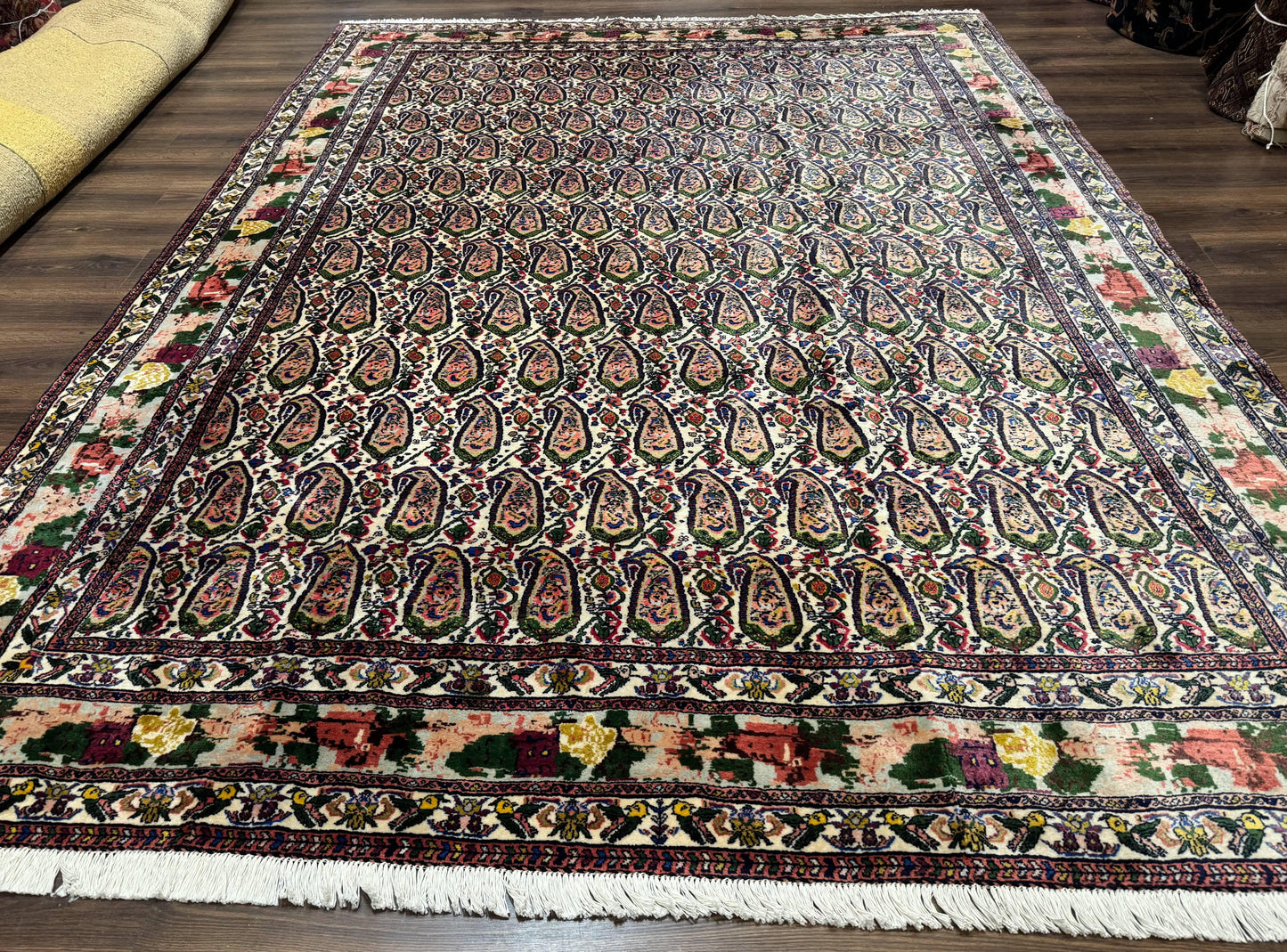 Persian Kurdish Rug 8x11 Boteh Design With Repeated Paisleys And Bird Pictorials Sannadaji Carpet