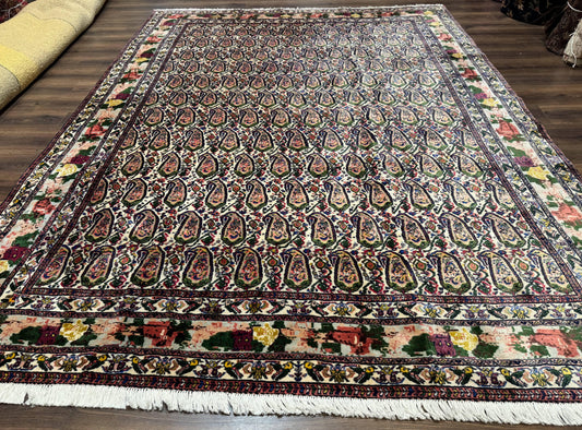 Persian Kurdish Rug 8x11 Boteh Design With Repeated Paisleys And Bird Pictorials Sannadaji Carpet