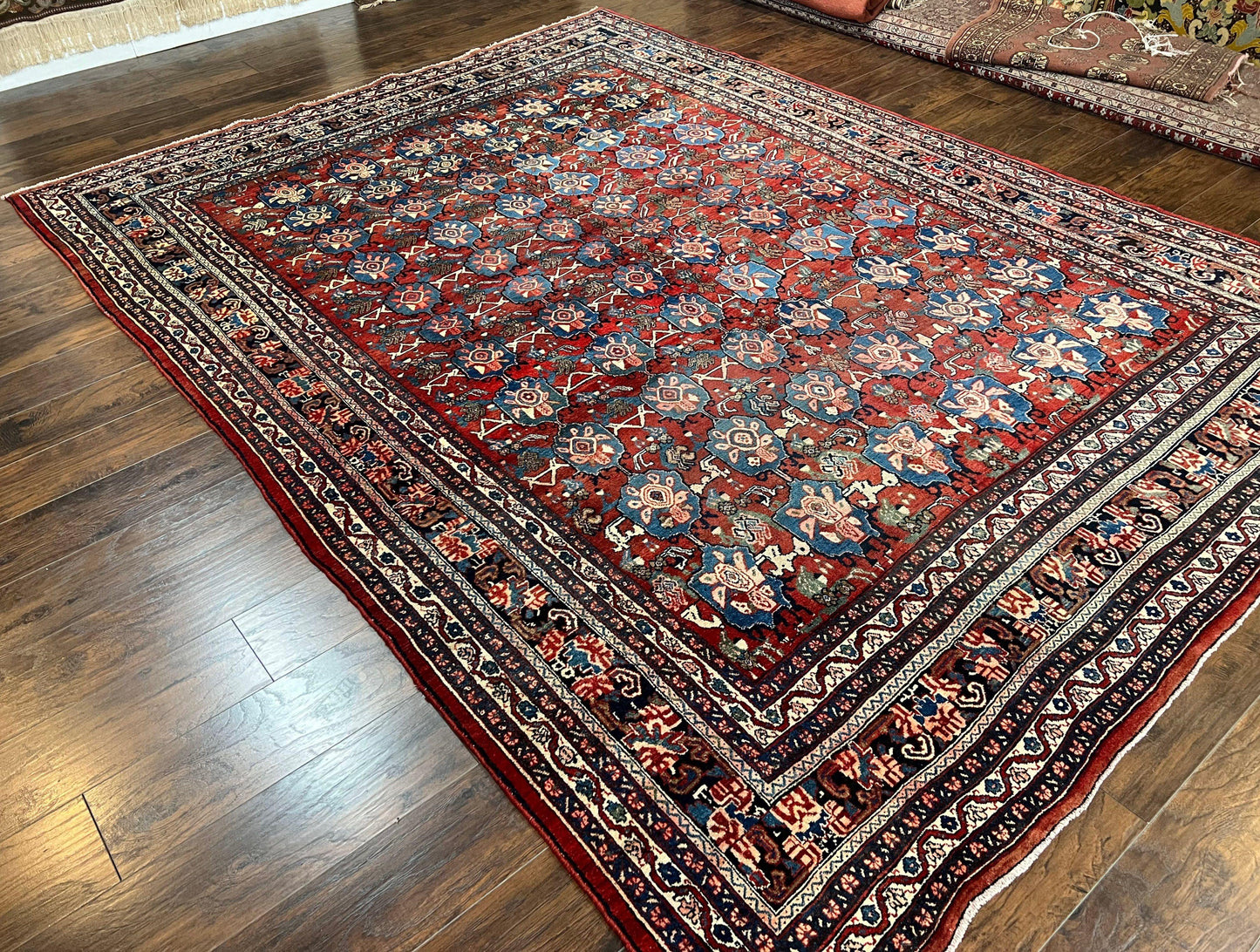 Antique Persian Bijar Rug 9x12 Allover Motif Red Blue Wool Handmade