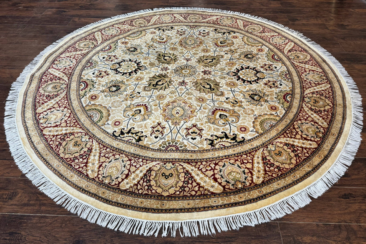 Round Persian Wool Rug 8x8 Handmade Vintage Carpet Beige Dark Red KPSI 270